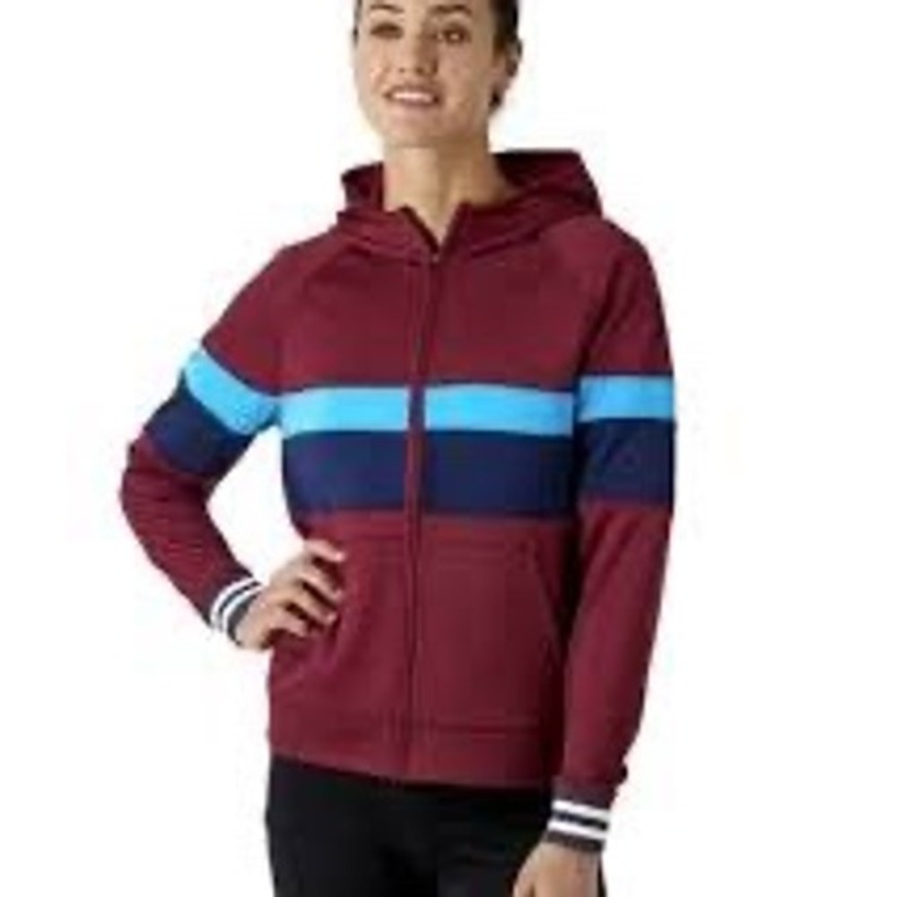 Cotopaxi Womens XS Full Zip Hoodie‎ Maroon Blue Stripe Grid Fleece Sweatshirt